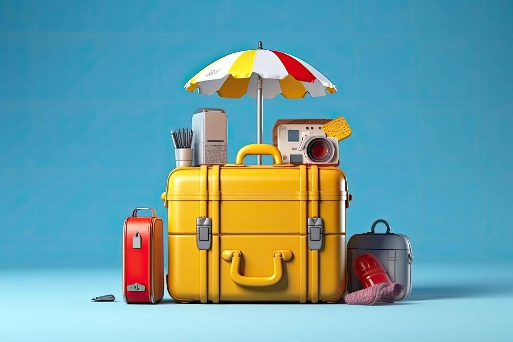 3d-darstellung-eines-gelben-koffers-mit-strandzubehoer-auf-blauem-hintergrund-urlaubszeit-sommer