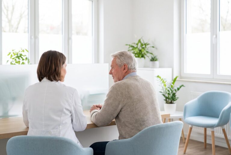 Ärztin im Gespräch mit einem älteren Patienten – Langzeitbetreuung